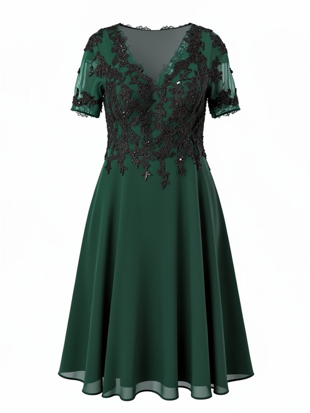 Elegant Emerald Green Lace & Chiffon Cocktail Dress